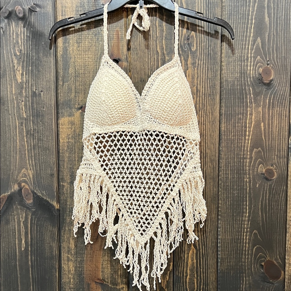 Sans Souci Fringe Festival Halter Top S M Cream Beige Crochet Coquette Western‎